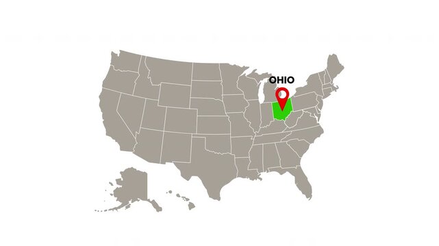 United States map with Ohio state highlighted in green and marked with a red location pin