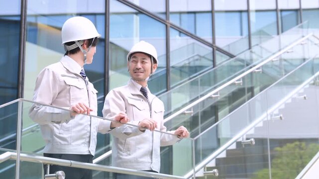 建設業の若手と現場監督の上司と部下が未来と目標を見上げる横顔、新卒研修・人材育成イメージ　指を差す動画