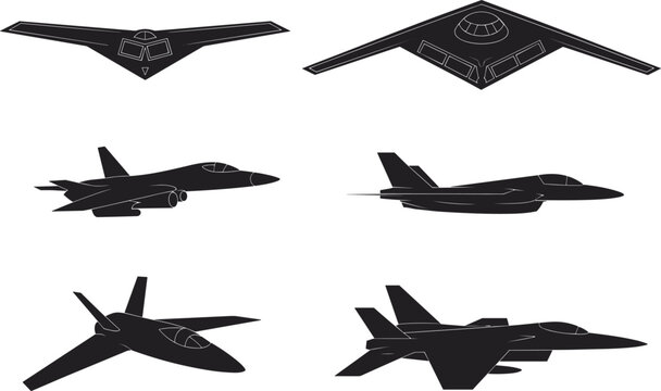 Silhouettes of advanced military aircraft including stealth bombers and fighter jets Keywords: airplane, aircraft, plane, jet