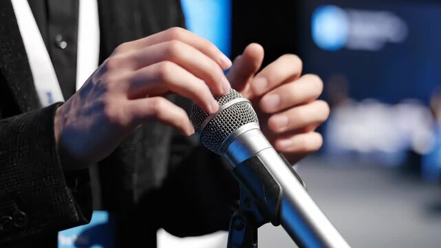 Speaker Hands Adjusting Microphone on Stand Before Conference Presentation