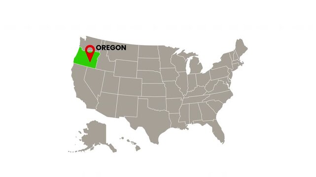 United States map with Oregon state highlighted in green and marked with a red location pin