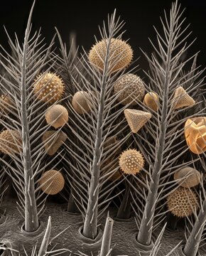 Microscopic detail of branched setae on bee trapping pollen grains