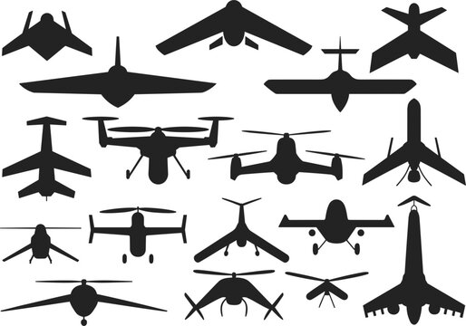 Silhouettes of various military drones and helicopters in different poses Keywords: drone, UAV, helicopter, aircraft, military
