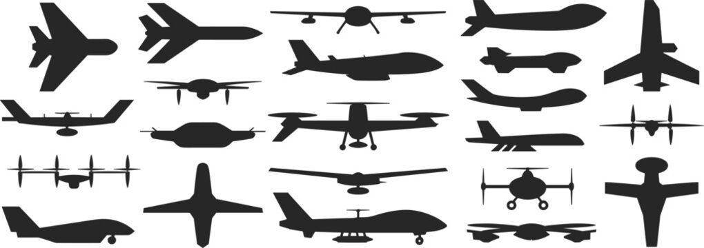 Silhouettes of various drones and aircraft in a graphic arrangement airplane unmanned aerial vehicle