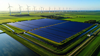 Vast solar energy array and wind farm in a green dutch polder landscape with renewable energy © PG Studio