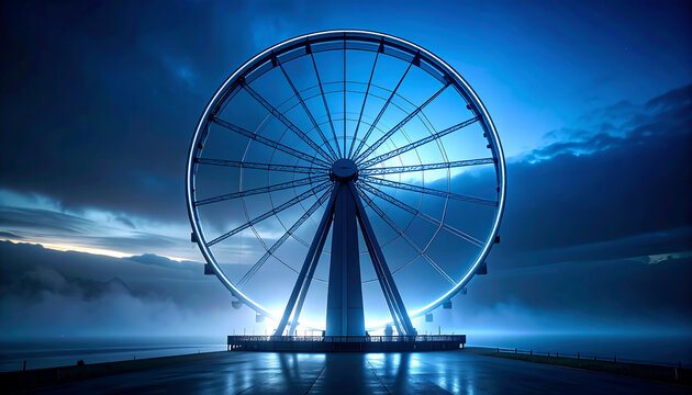 An avant-garde minimalist study of a monumental steel observation wheel enveloped