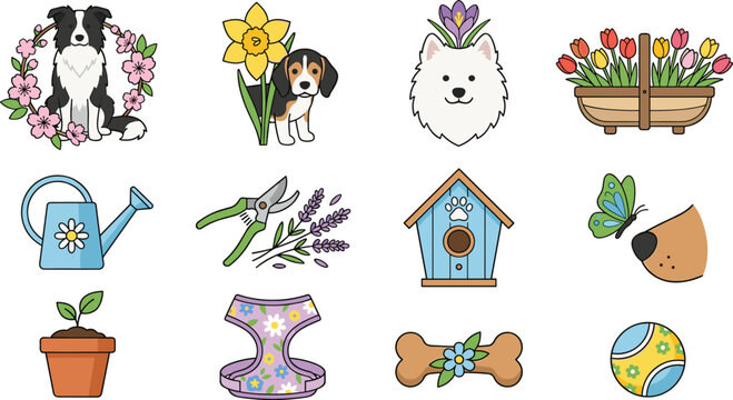 Spring Garden and Pet Friendly Lifestyle Icon Set Featuring Cute Dogs Floral Wreaths Gardening Tools Birdhouse and Colorful Springtime Elements for Nature Lovers