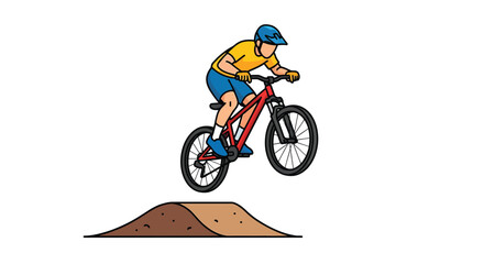 Fototapeta premium Male athlete performing a high jump on a mountain bike over a dirt ramp outdoors during a summer day adventure representing active lifestyle hobby and healthy recreational exercise for fitness