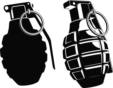 Two black and white illustrations of a fragmentation grenade hand grenade explosive