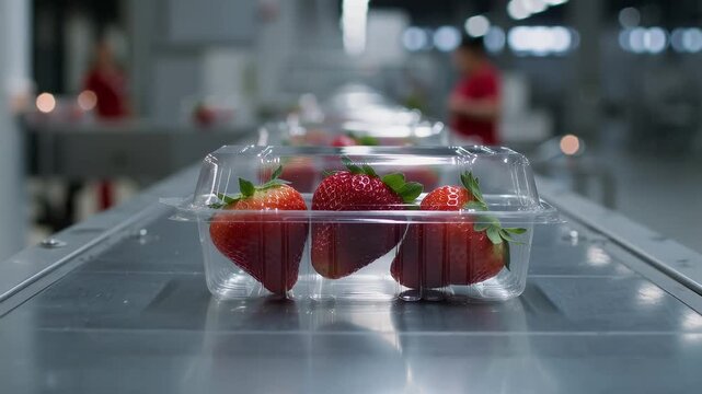 Fresh strawberries are packed for distribution in a food processing center in early morning light