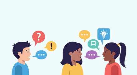 Diverse children talking and sharing ideas with speech bubbles