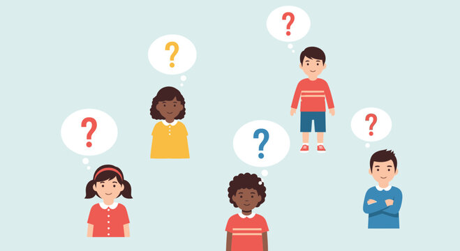 Diverse children thinking with question marks in speech bubbles, illustration