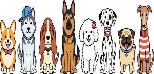 Cute and Diverse Cartoon Dog Characters Set Featuring Popular Breeds Like Corgi Husky German Shepherd Dalmatian and Pug for Fun Pet Themed Designs © Nasima
