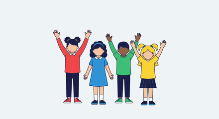 Fototapeta premium Diverse group of children waving hands, celebrating together, flat illustration