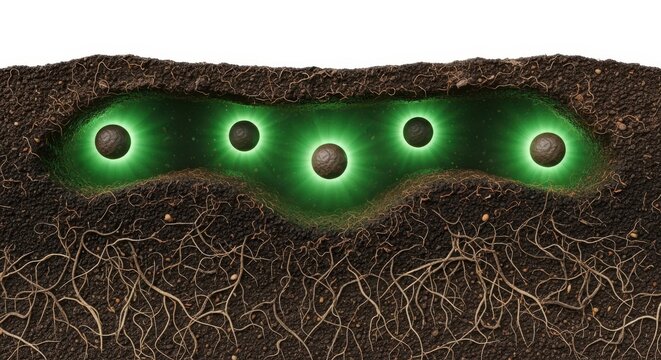 Glowing green seeds germinating in dark compost soil with soft light
