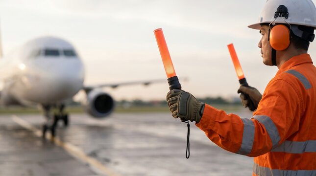 Airport ground crew worker guiding airplane with illuminated batons on runway during early morning or evening