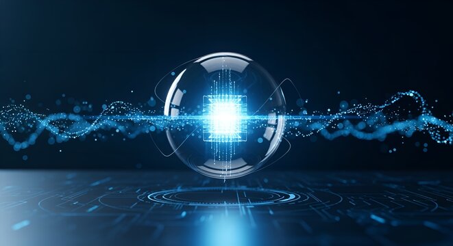 A glowing technological sphere or orb inside a transparent glass light bulb structure future quantum computing core or plasma energy source digital tech presentation background