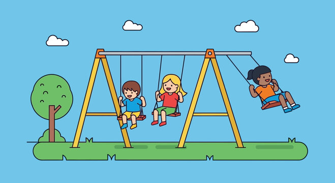 Happy Children Swinging on Playground Swing Set, Outdoor Fun