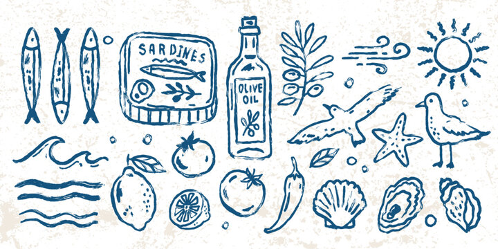 Mediterranean chalk and charcoal vector set with sardines, sardine tin, lemons, olives, olive oil, tomatoes, waves, oysters, starfish and seagulls. Hand-drawn ink and crayon style for packaging