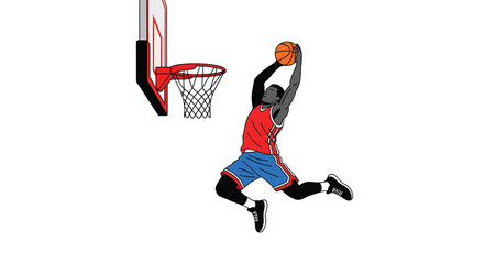 Athletic basketball player performing an energetic slam dunk move towards the hoop during a competitive game match as the skilled athlete leaps high to score points for the team with great power © Rum