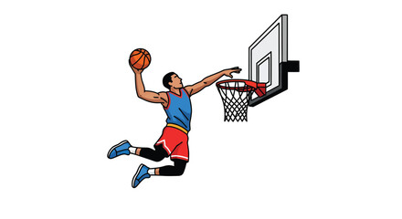 Athletic basketball player jumping high to perform a powerful slam dunk into the hoop to score points during a competitive match while wearing a colorful jersey uniform on the professional court © Rum
