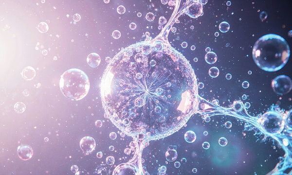 Microbubbles cell detox glowing organic liquid spheres floating in a cinematic purple environment representing health and clarity