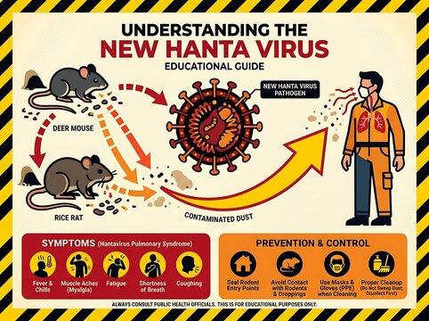 Educational infographic about new hanta virus transmission symptoms and prevention tips explained visually