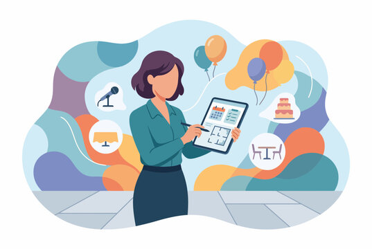 Professional Event Planner Organizing Celebration with Digital Tablet