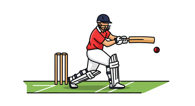 A professional cricket batsman swings the wooden bat to hit a fast red leather ball during a competitive match while wearing protective gear on the grassy pitch in a stadium under clear daylight