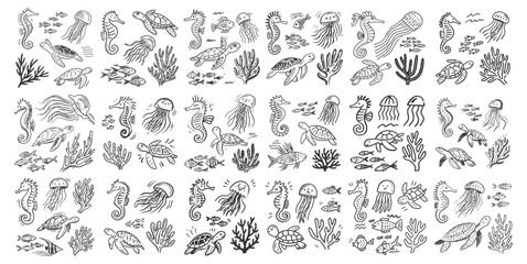 Hand Drawn Underwater Sea Life Doodles Featuring Turtles Jellyfish and Corals © 99VectorS