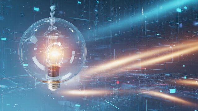 Digital light bulb launching fast with glowing light trails like a rocket ship booster concept of successful business startup speed of innovation dynamic creative ideas project launch