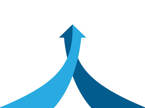 Two blue arrows merging and pointing upwards together symbolize collaboration and combined growth towards a shared goal on transparent background.
