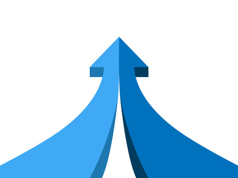 Two blue arrows merging into single upward point symbolize unity collaboration and strong partnership on transparent background.