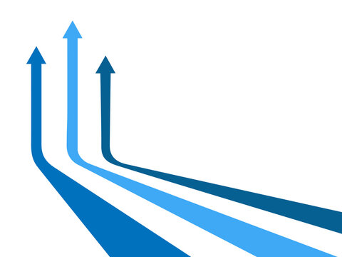 Three blue arrows pointing upwards represent growth progress and financial success on transparent background with perspective view.