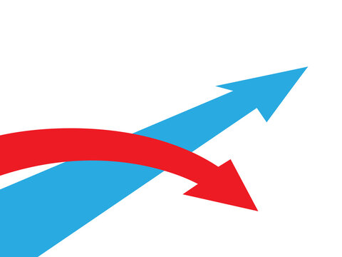 Two arrows diverging one going up and one going down representing different directions success and failure concepts opposing ideas.