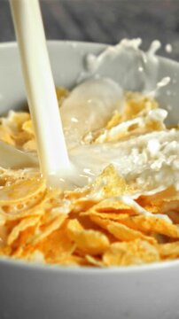 Super slow motion stream milk pours into a plate of cornflakes. On a gray background. Filmed on a high-speed camera at 1000 fps.
