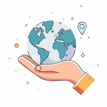 Hand holding planet Earth with location pin and confetti