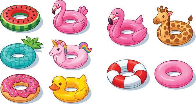 Colorful Inflatable Pool Float Ring Set with Flamingo, Unicorn, Duck, Watermelon, and Donut Styles for Summer and Beach Graphic Designs