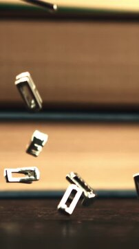 The metal letters of the English alphabet fall on the table. On a black background. Filmed is slow motion 1000 frames per second.