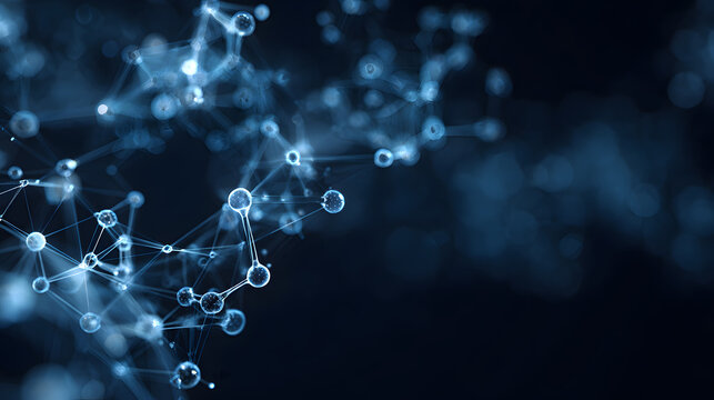 Glowing blue molecular structure with connected nodes and lines on dark background