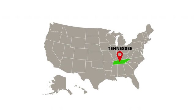 United States map with Tennessee state highlighted in green and marked with a red location pin