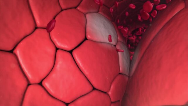 Hypertension, hyperlipidemia, and arteriosclerosis cause vascular stenosis, reduced blood flow, dizziness, and abnormal red blood cells. 3D animation of cardiovascular pathology.
