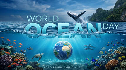 World oceans day illustration with earth and sea life World Ocean Day 2026, World Ocean Day, Ocean Day, Ocean Day 2026, Save The Ocean, Blue Ocean