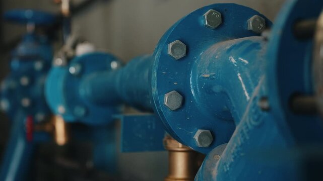 Industrial water pipeline with bolted flange connection close up