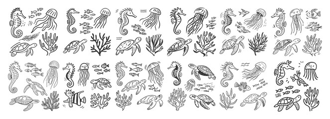 Hand drawn sea life doodle set with sea turtles seahorses jellyfish and coral © 99VectorS