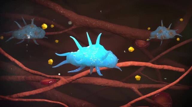 Drug promotes cholesterol efflux from macrophages, inhibiting foam cell formation. It reduces macrophage activity and induces apoptosis. 3D animation of anti-atherosclerotic therapy.