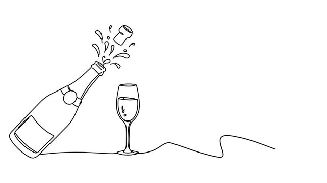 Animation of line drawing of champagne bottle and glass cup, minimalist celebration theme,.