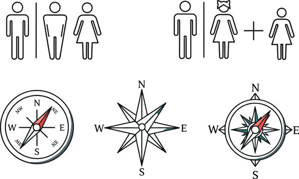 Linear vector icon set featuring male and female restroom public toilet signs alongside vintage navigation compass rose symbolsLinear vector icon set featuring male and female restroom public toilet s
