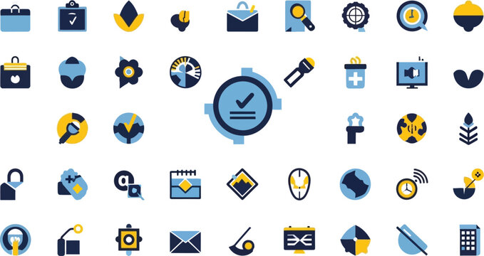 Comprehensive mega flat vector business icon pack featuring professional dark blue and yellow multimedia analytics office marketing elementsComprehensive mega flat vector business icon pack featuring 
