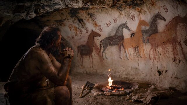 Ancient cave man observing prehistoric horse paintings and handprints by firelight in a dark cave